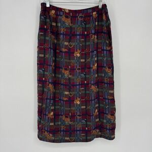 VTG Southern Lady Plaid Midi Skirt Equestrian Horse Print Preppy Old Money Sz 10